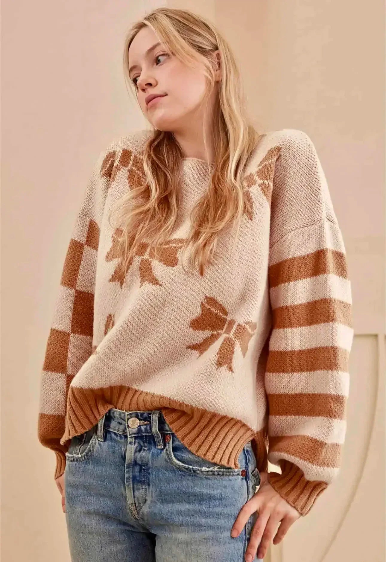 Ribbon Bow Checkered Striped Sleeve Drop Shoulder Sweater - DAVERRI FASHIONS