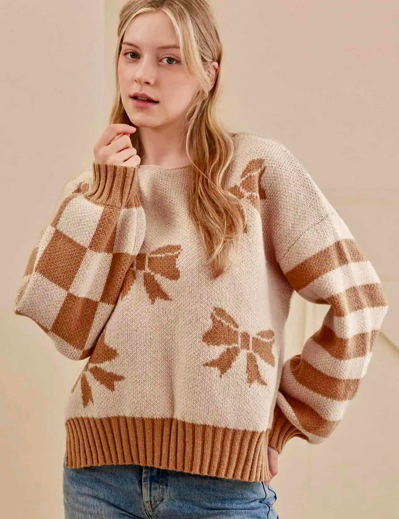 Ribbon Bow Checkered Striped Sleeve Drop Shoulder Sweater | Sweaters Daverri Fashions