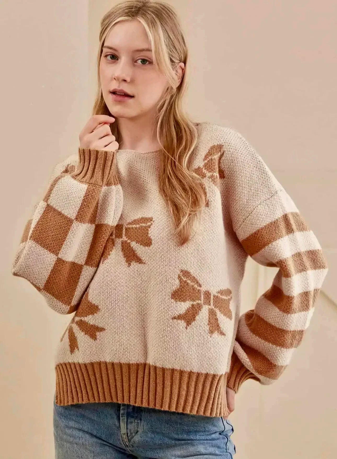 Ribbon Bow Checkered Striped Sleeve Drop Shoulder Sweater - DAVERRI FASHIONS