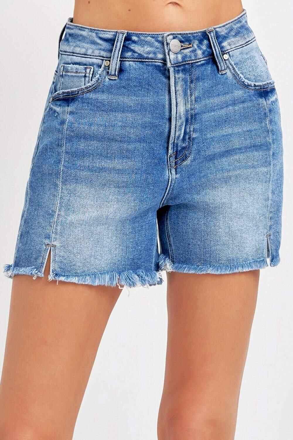 Front Slit Raw Hem Denim Shorts Shorts