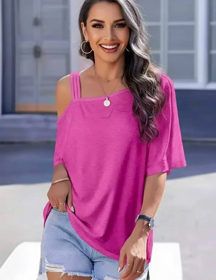 Asymmetrical Neck Half Sleeve T-Shirt | T-Shirts Daverri Fashions