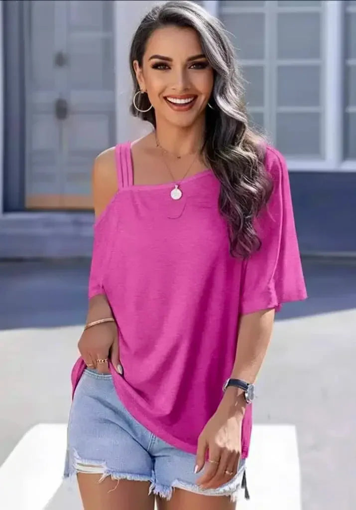 Asymmetrical Neck Half Sleeve T-Shirt - DAVERRI FASHIONS