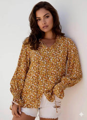 Floral Ruffled Bubble Sleeve Tie Neck Blouse | Blouses Daverri Fashions
