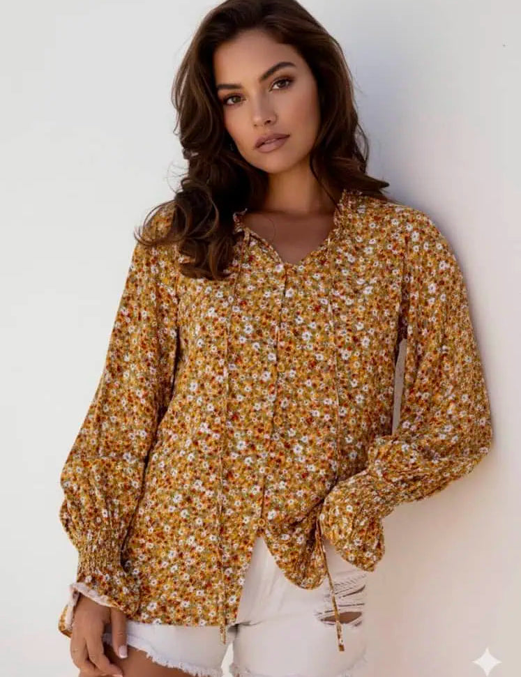 Floral Ruffled Bubble Sleeve Tie Neck Blouse | Blouses Daverri Fashions