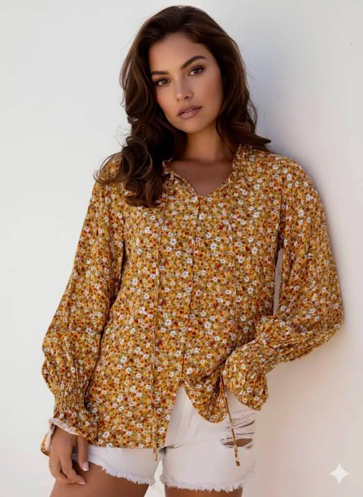Floral Ruffled Bubble Sleeve Tie Neck Blouse | Blouses Daverri Fashions