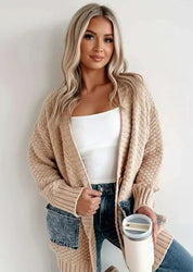 Denim Pockets Textured Knit Open-Front Cardigan | Cardigans Daverri Fashions