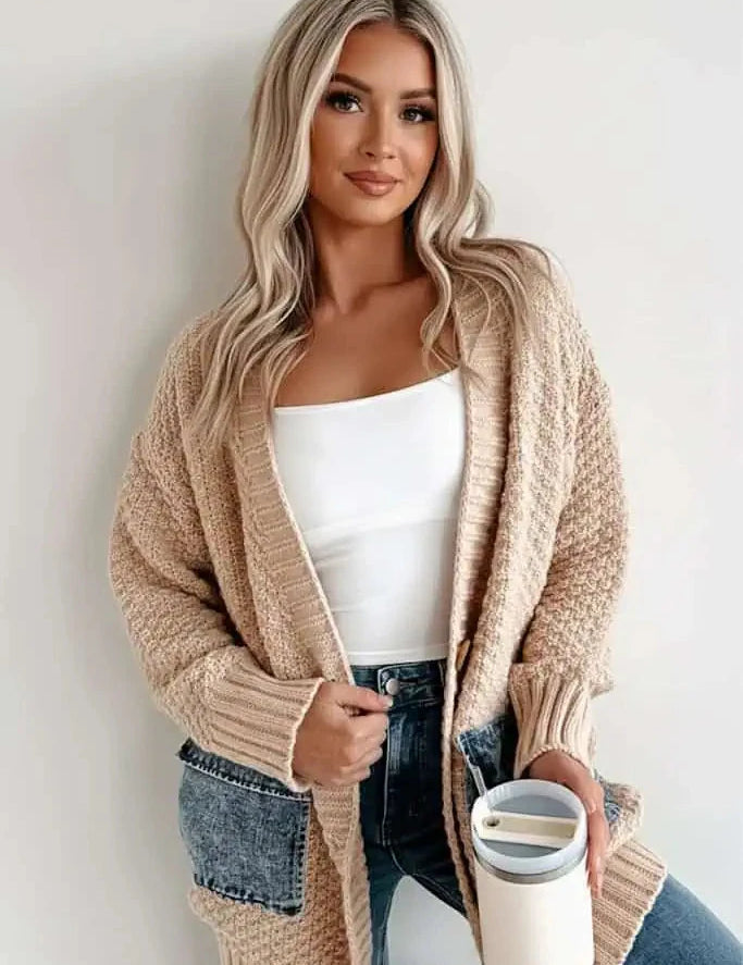 Denim Pockets Textured Knit Open-Front Cardigan | Cardigans Daverri Fashions