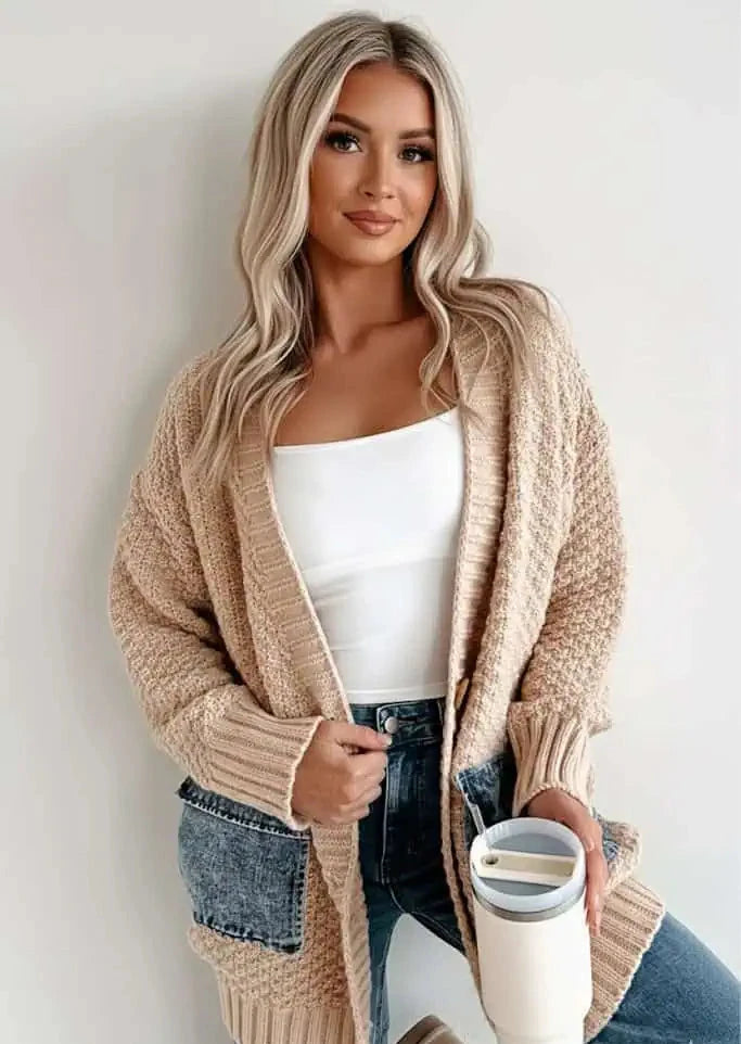 Denim Pockets Textured Knit Open-Front Cardigan | Cardigans Daverri Fashions
