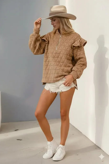 Double Take Ruffled Texture Half Zip Long Sleeve Sweatshirt - DAVERRI FASHIONS