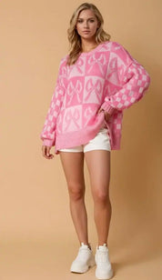 Double Take Full Size Checkered Bow Contrast Long Sleeve Sweater | Sweaters Daverri Fashions