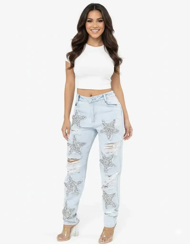 Distressed Star Wash Boyfriend Jeans - DAVERRI FASHIONS