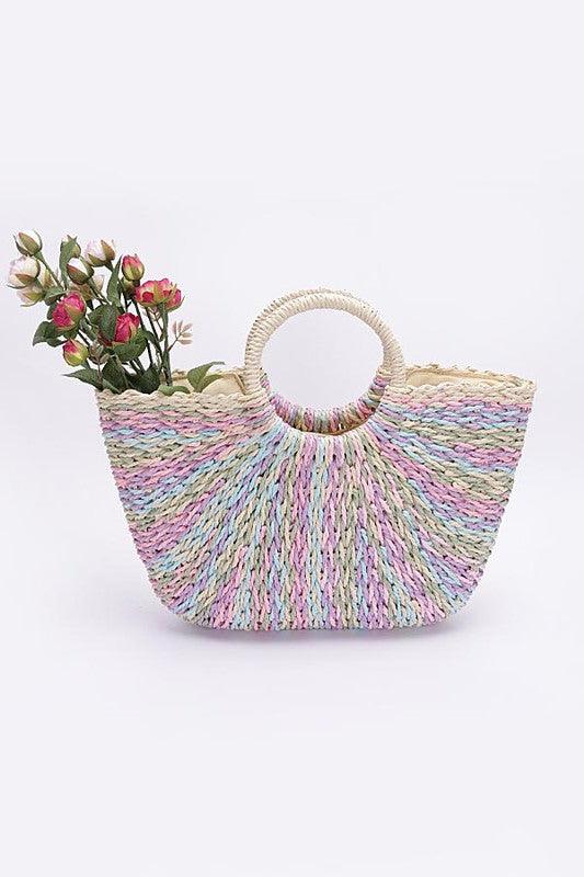 Faux Straw Round Handle Basket Tote Handbags