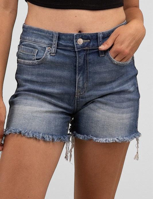 Zenana Mid Rise Raw Frayed Hem Denim Shorts Shorts