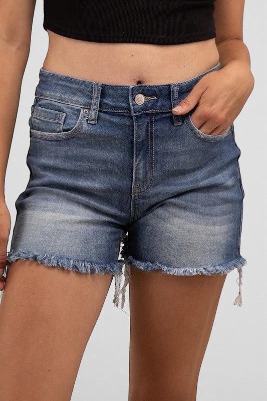 Zenana Mid Rise Raw Frayed Hem Denim Shorts Shorts