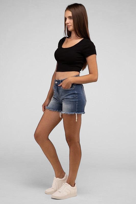 Zenana Mid Rise Raw Frayed Hem Denim Shorts Shorts