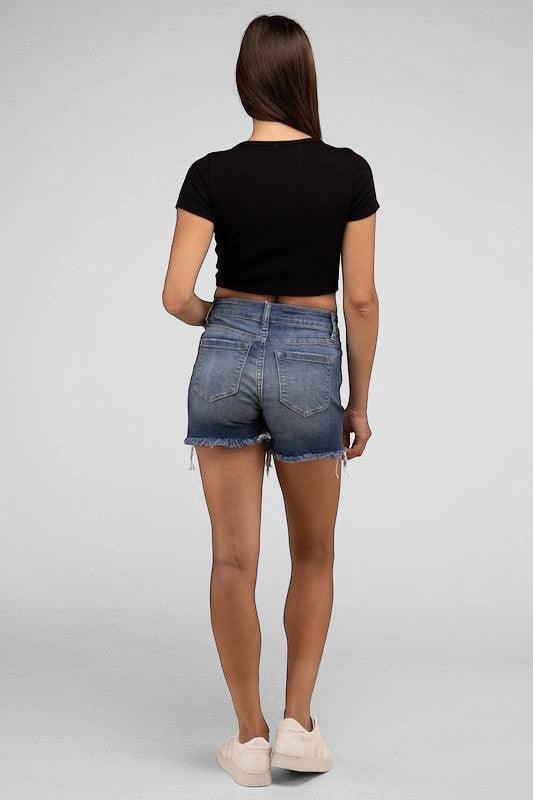 Zenana Mid Rise Raw Frayed Hem Denim Shorts Shorts