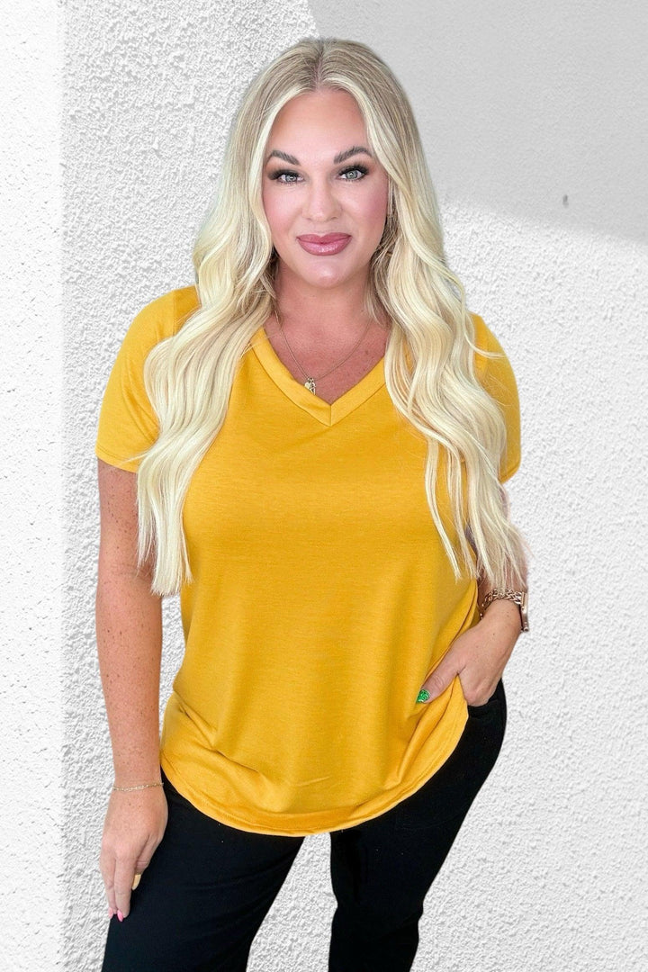 Mustard Scooped Hem V-Neck Top Shirts & Tops