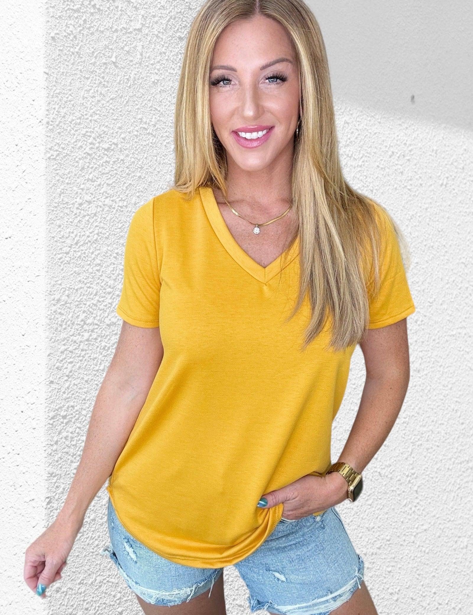 Mustard Scooped Hem V-Neck Top Shirts & Tops