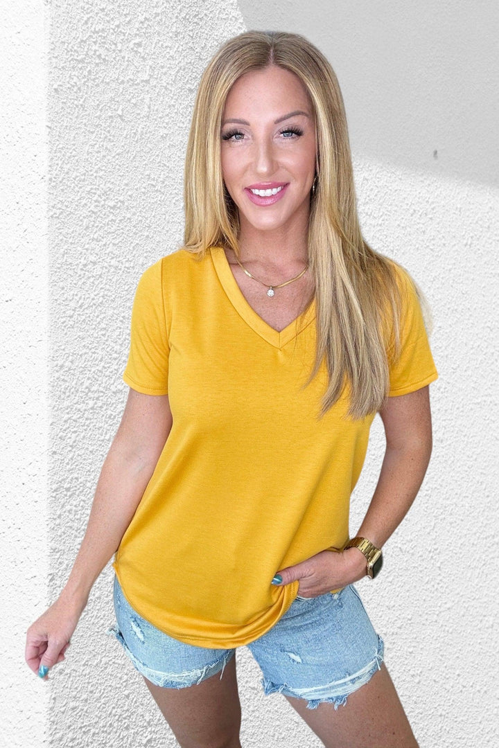 Mustard Scooped Hem V-Neck Top Shirts & Tops