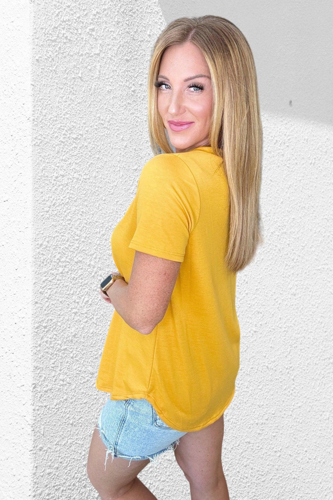 Mustard Scooped Hem V-Neck Top Shirts & Tops