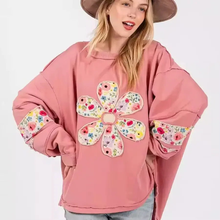 Oversized Floral Applique Drop Shoulder Sweatshirt - DAVERRI FASHIONS