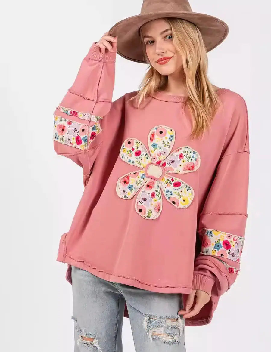 Oversized Floral Applique Drop Shoulder Sweatshirt | Sweatshirts Daverri Fashions