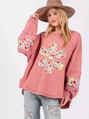 Oversized Floral Applique Drop Shoulder Sweatshirt | Sweatshirts Daverri Fashions
