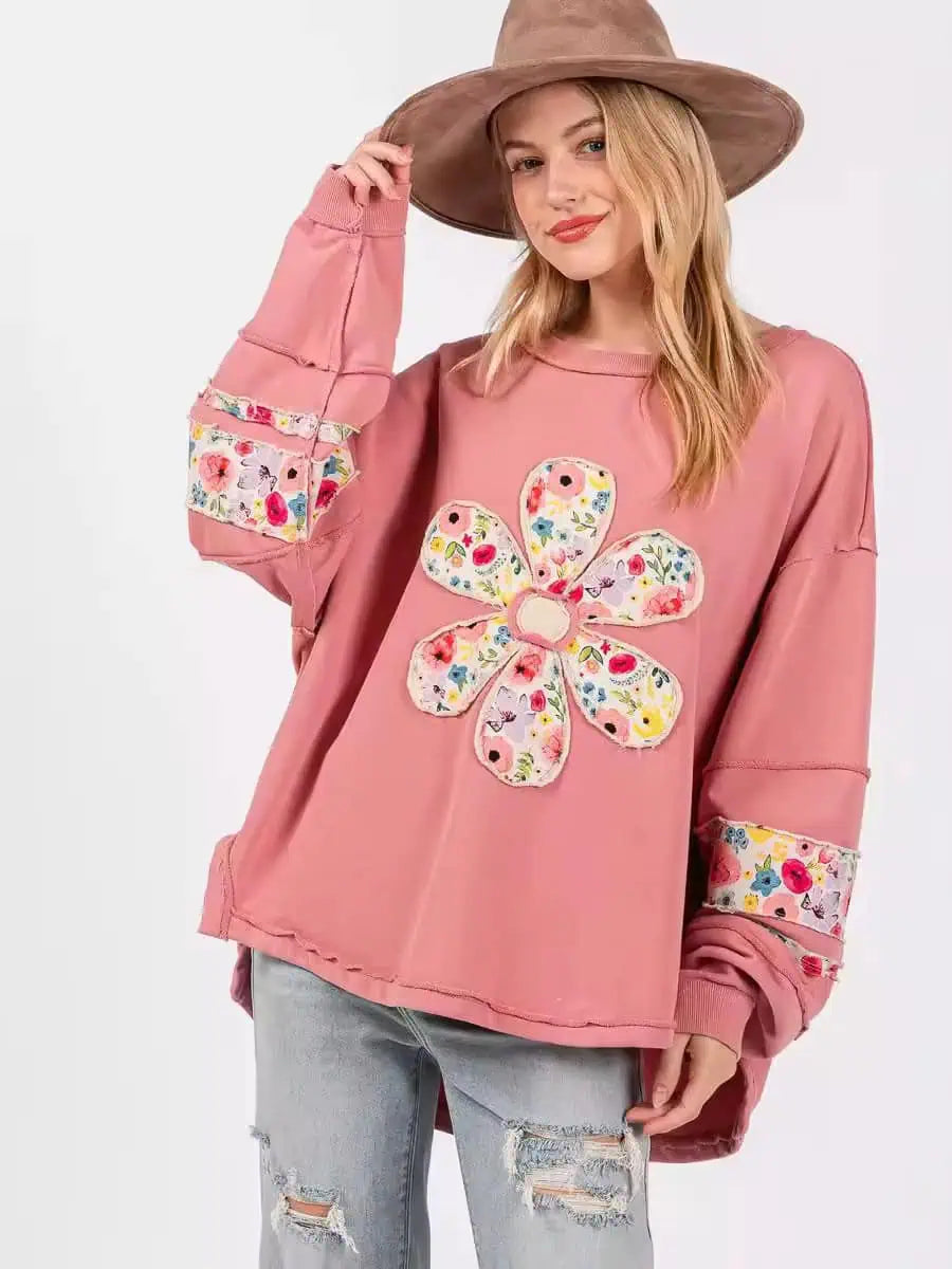 Oversized Floral Applique Drop Shoulder Sweatshirt | Sweatshirts Daverri Fashions