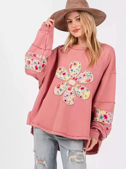 Oversized Floral Applique Drop Shoulder Sweatshirt - DAVERRI FASHIONS