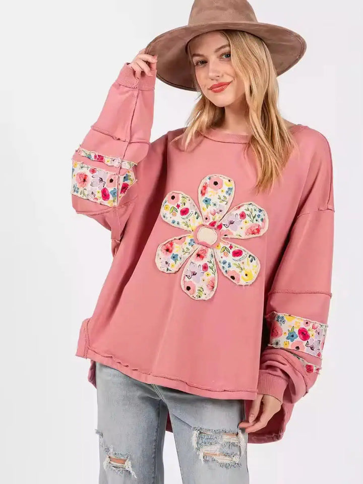Oversized Floral Applique Drop Shoulder Sweatshirt | Sweatshirts Daverri Fashions