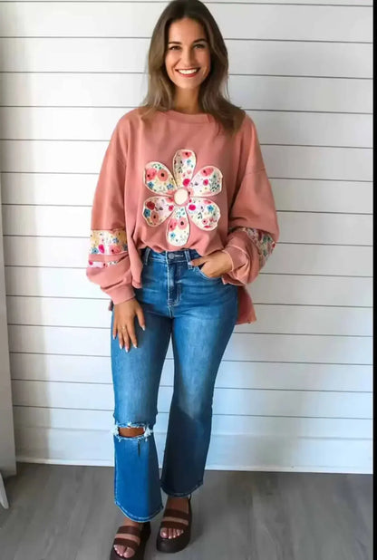 Oversized Floral Applique Drop Shoulder Sweatshirt - DAVERRI FASHIONS