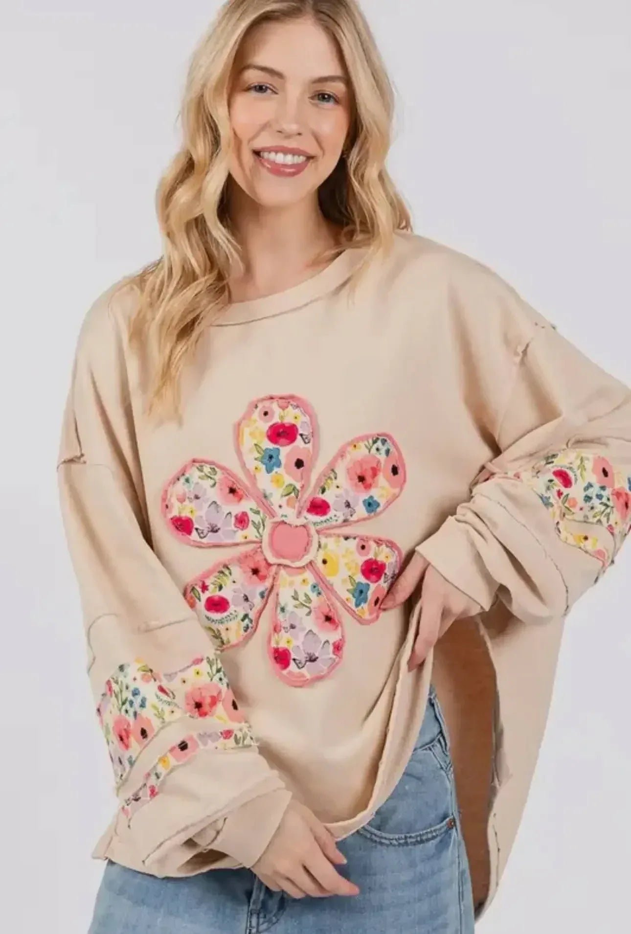 Oversized Floral Applique Drop Shoulder Sweatshirt - DAVERRI FASHIONS