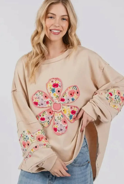 Oversized Floral Applique Drop Shoulder Sweatshirt - DAVERRI FASHIONS