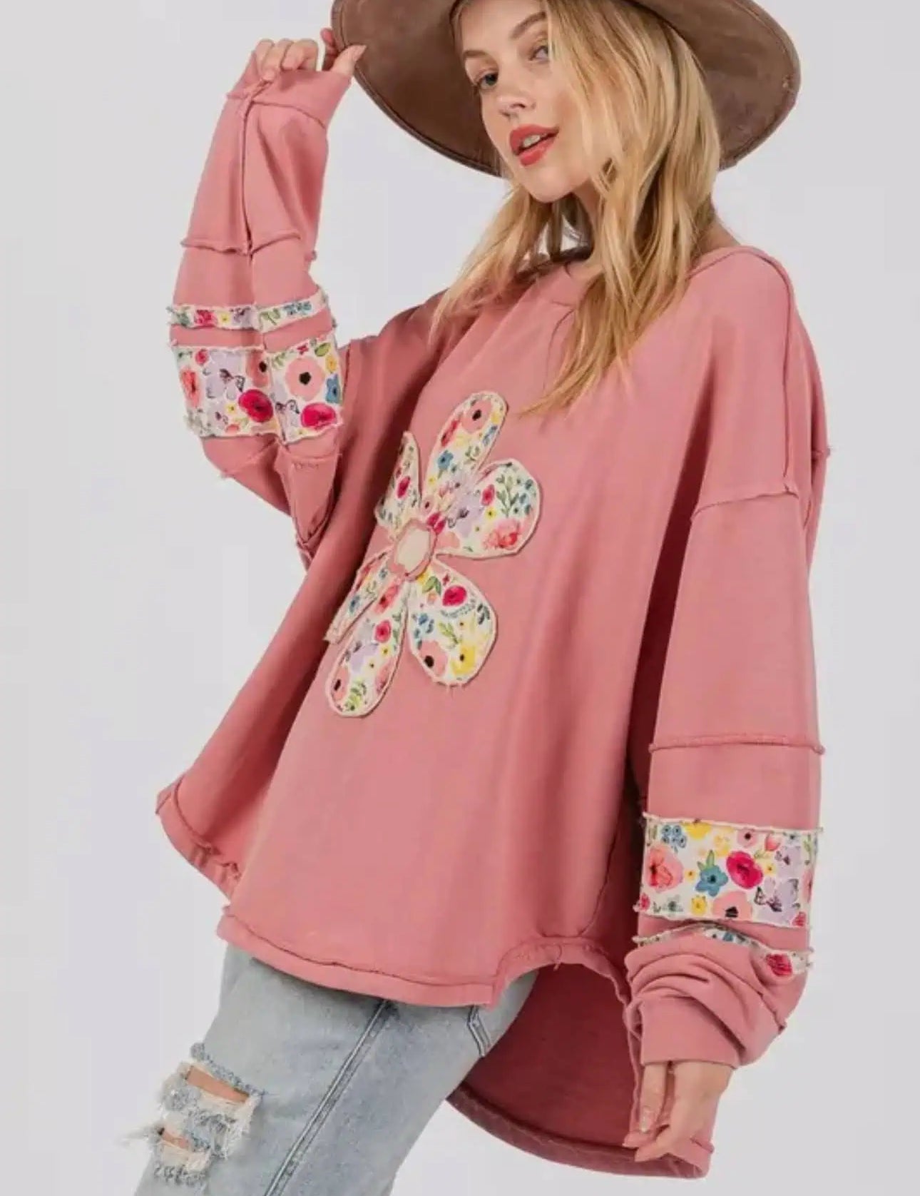 Oversized Floral Applique Drop Shoulder Sweatshirt | Sweatshirts Daverri Fashions