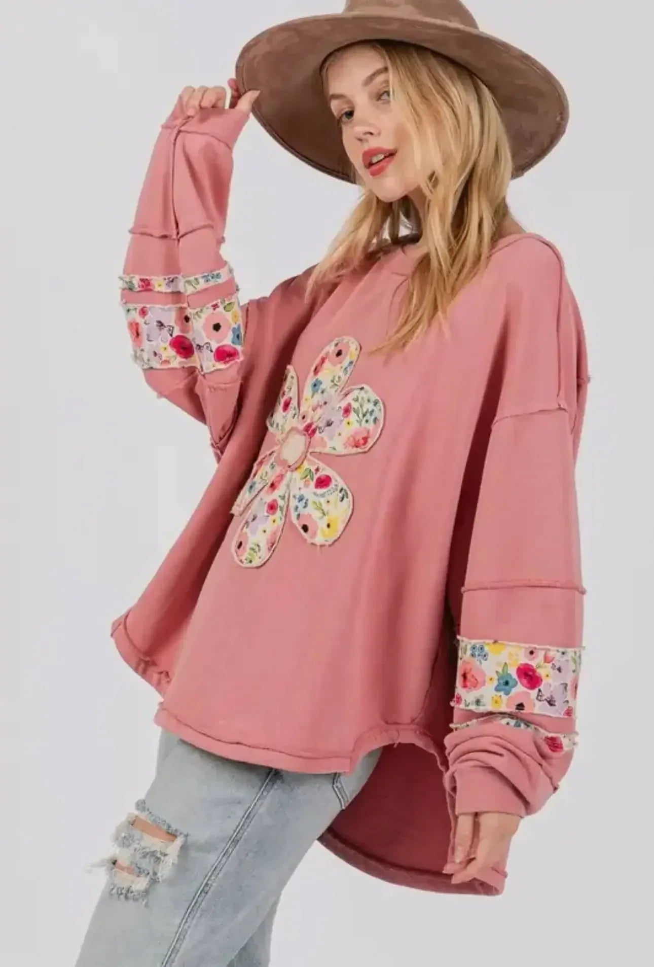 Oversized Floral Applique Drop Shoulder Sweatshirt - DAVERRI FASHIONS