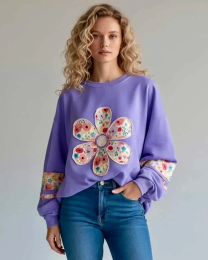 Oversized Floral Applique Drop Shoulder Sweatshirt - DAVERRI FASHIONS