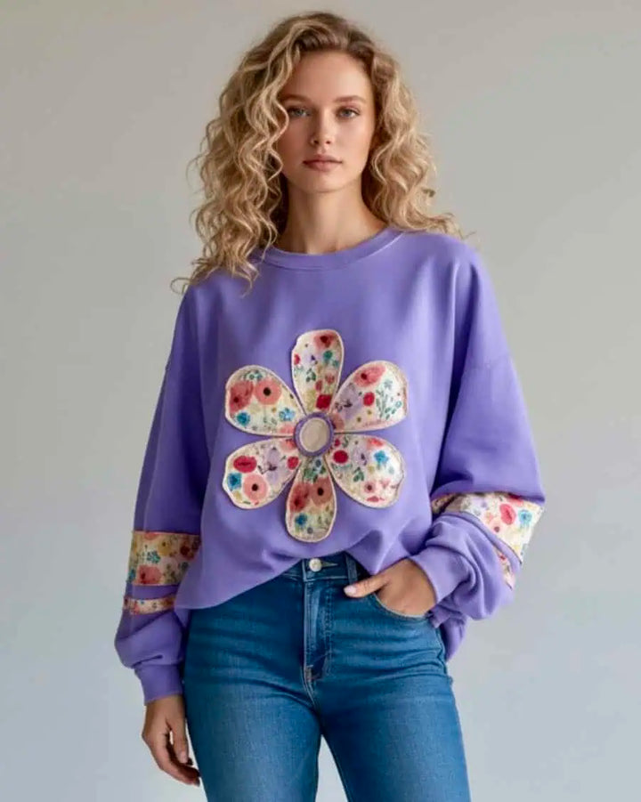 Oversized Floral Applique Drop Shoulder Sweatshirt | Sweatshirts Daverri Fashions