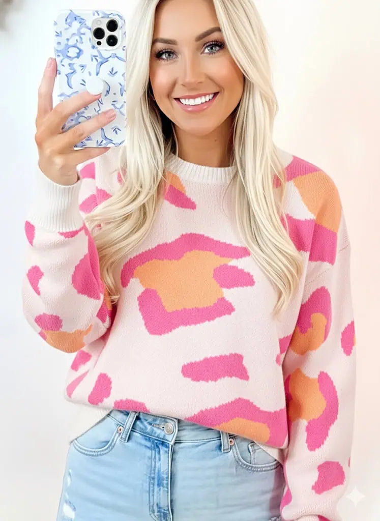 Leopard Print Drop Shoulder Baggy Sweater | Sweaters Daverri Fashions