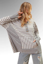 Grey Striped Thumbhole Long Sleeve Top Shirts & Tops