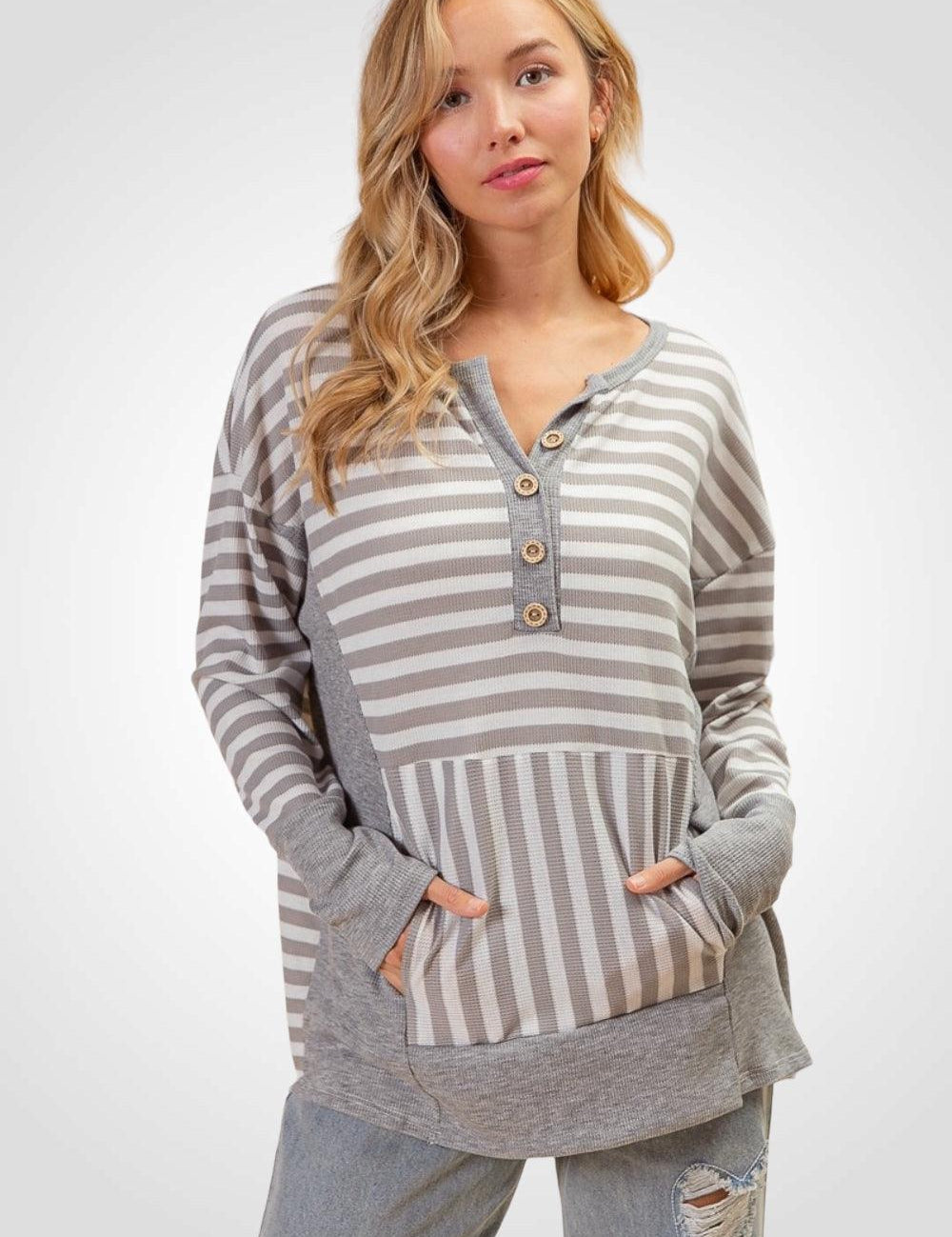 Grey Striped Thumbhole Long Sleeve Top Grey Shirts & Tops