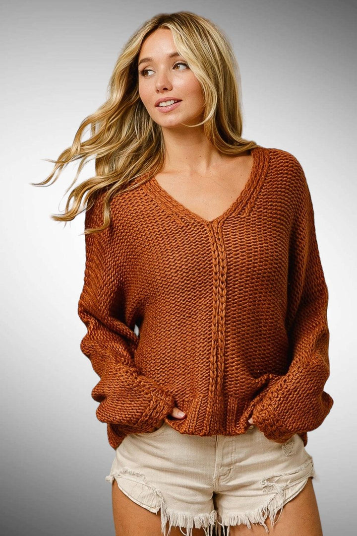 V-Neck Cable Knit Sweater Cinnamon Shirts & Tops