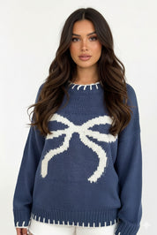 Bow Graphic Round Neck Long Sleeve Sweater | Sweaters Daverri Fashions