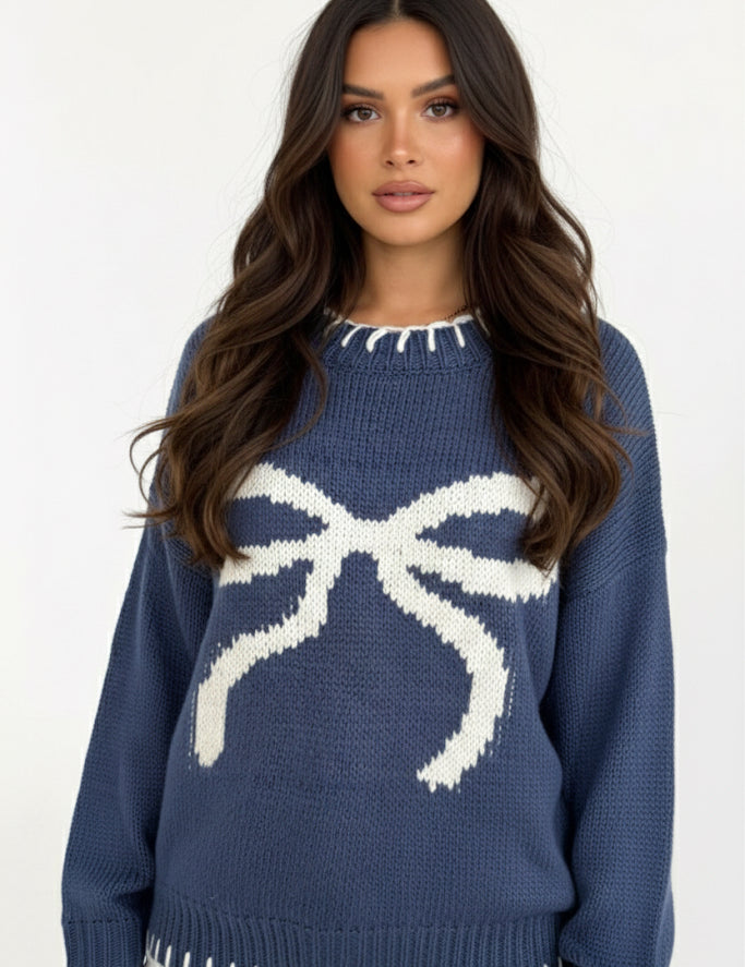 Bow Graphic Round Neck Long Sleeve Sweater | Sweaters Daverri Fashions
