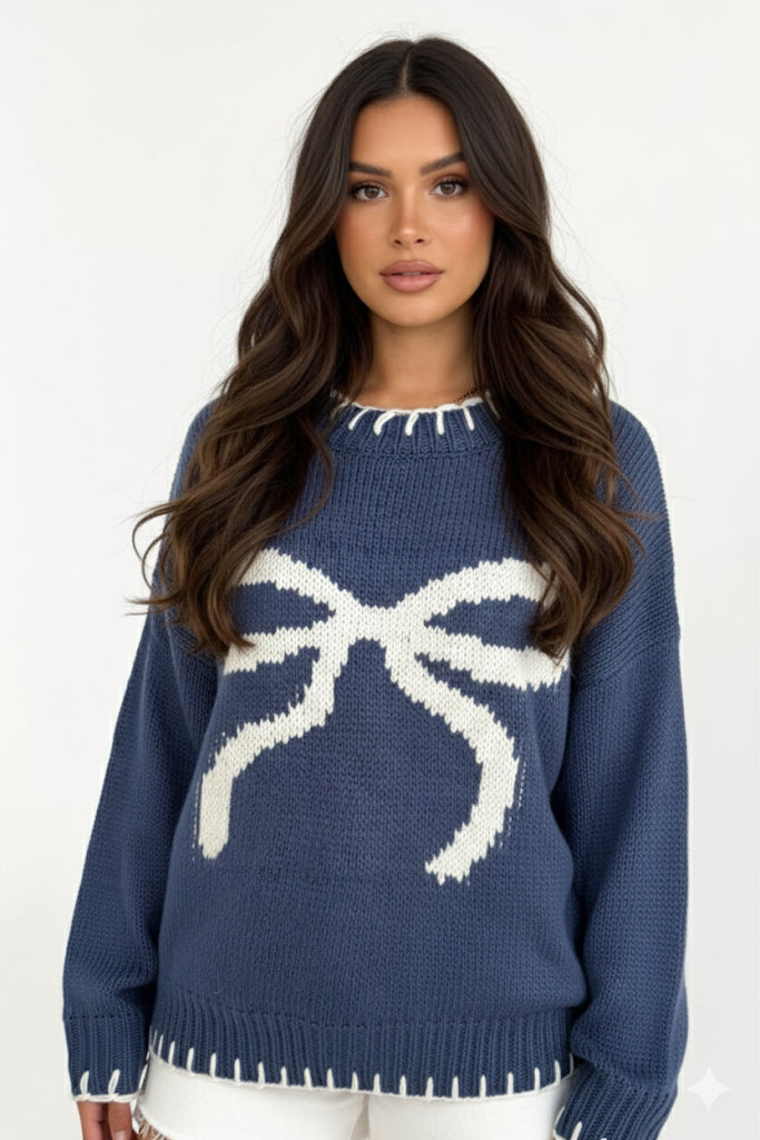 Bow Graphic Round Neck Long Sleeve Sweater | Sweaters Daverri Fashions