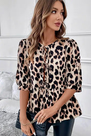 Tied Leopard Round Neck Half Sleeve Blouse | Blouses Daverri Fashions