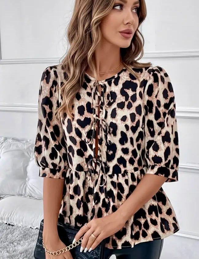 Tied Leopard Round Neck Half Sleeve Blouse | Blouses Daverri Fashions