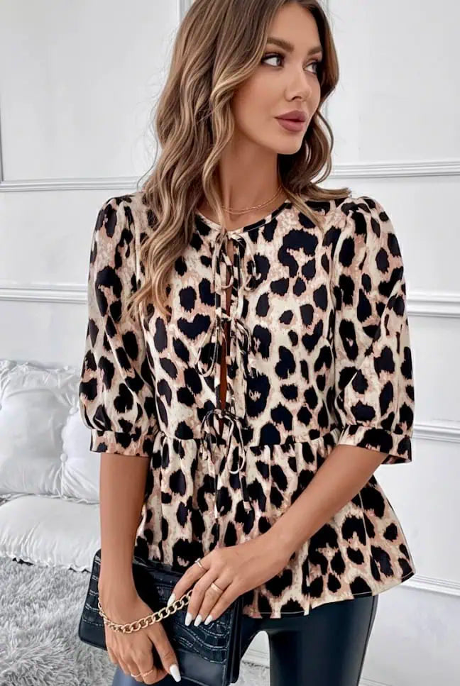 Tied Leopard Round Neck Half Sleeve Blouse | Blouses Daverri Fashions