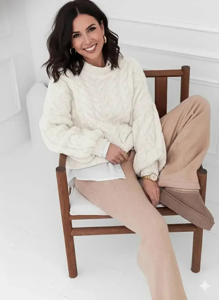 Cable Knit Long Sleeve Sweater - DAVERRI FASHIONS