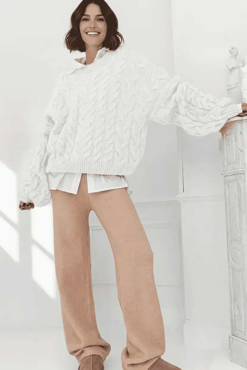 Cable Knit Long Sleeve Sweater - DAVERRI FASHIONS