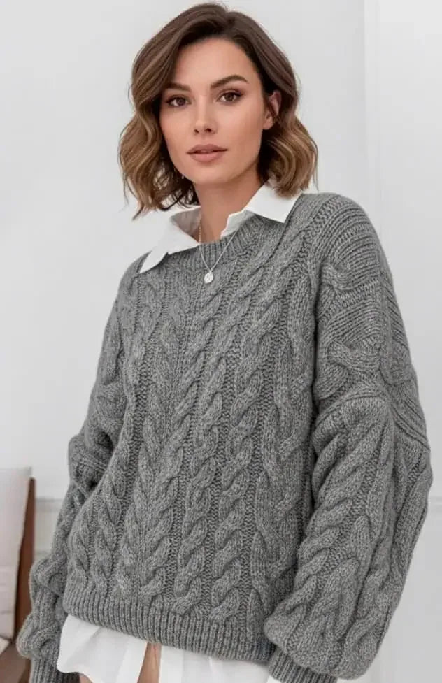 Cable Knit Long Sleeve Sweater - DAVERRI FASHIONS